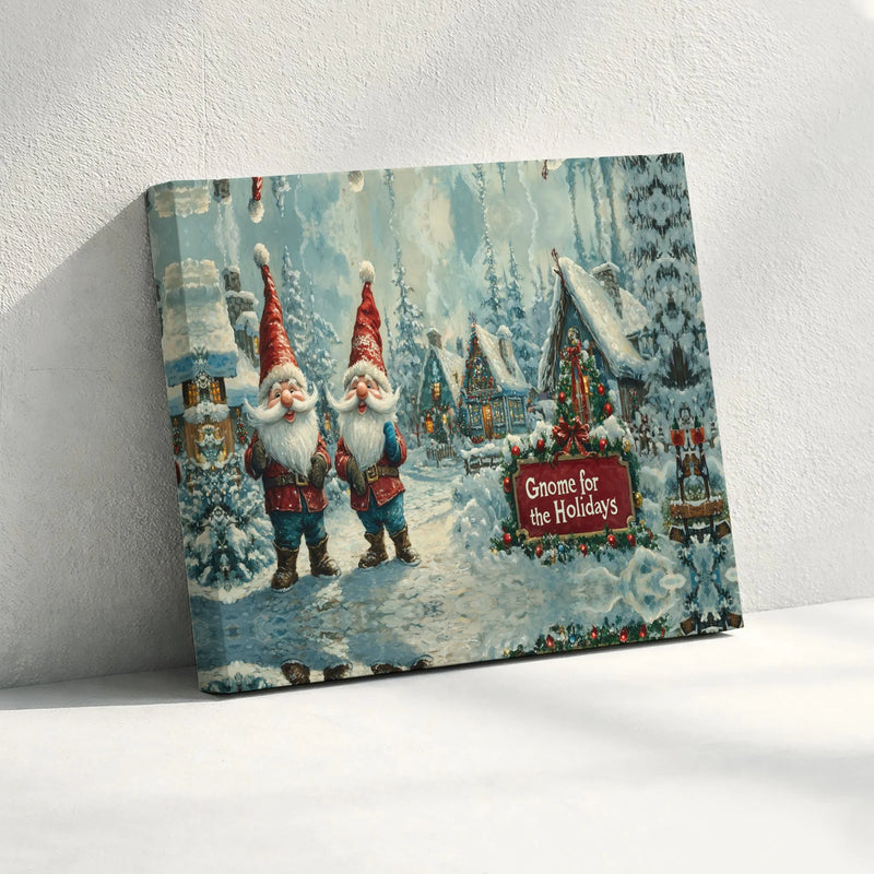 Holiday Gnome Canvas Wall Art, Christmas Gnome Snowy Village Canvas Art, Winter Gnome Poster Decor Print, Printable Digital Download