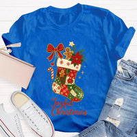 Retro Festive Pattern Tee, Christmas Bows and Holiday Socks Shirt, Adorable Christmas Graphic T-Shirt, Comfy Winter Holiday Present