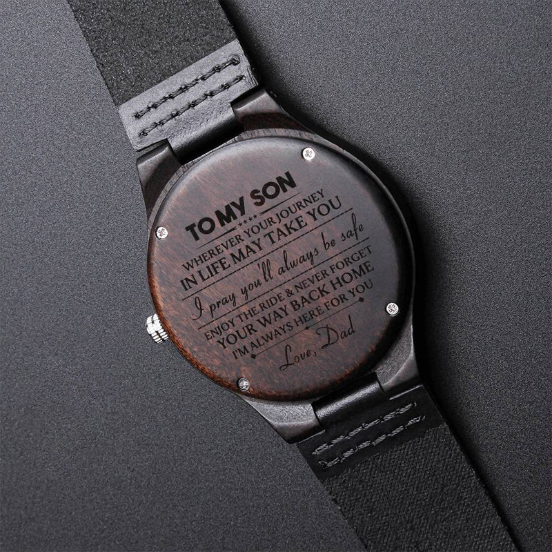 Personalized Sandalwood Timepiece from Dad, Engraved Wooden Watch for Son, Japanese Quartz Leather Watch, Birthday Christmas Keepsake