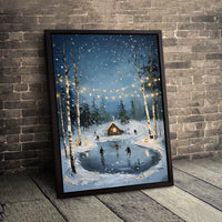 Snowy Cabin Canvas Print, Winter Ice Skating Canvas Art, Comfy Christmas Holiday Wall Decor, Winter Landscape Canvas Wall Art, Holiday Present