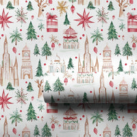 Watercolor Travel Wrapping Paper, World Landmarks Christmas Wrapping Paper, Festive Reindeer Gift Wrap, Global Winter Holiday Wrapping Paper