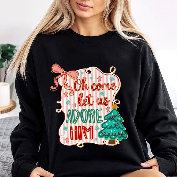 Preppy Coquette Christmas Tree Crewneck, O Come Let Us Adore Him Sweatshirt, Christian Holiday Hymn Sweater, Religious Xmas P