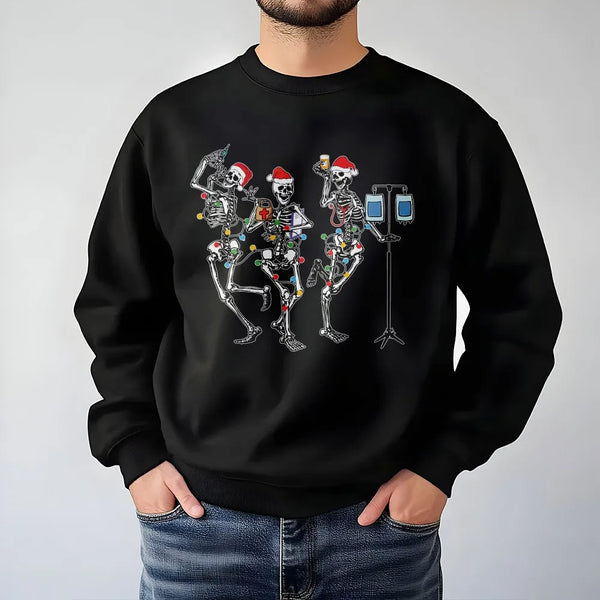 Humorous Skeleton Nurse Crewneck, Dancing Skeleton Christmas Sweatshirt, Retro Holiday Skeleton Pullover, Christmas Lights Sw