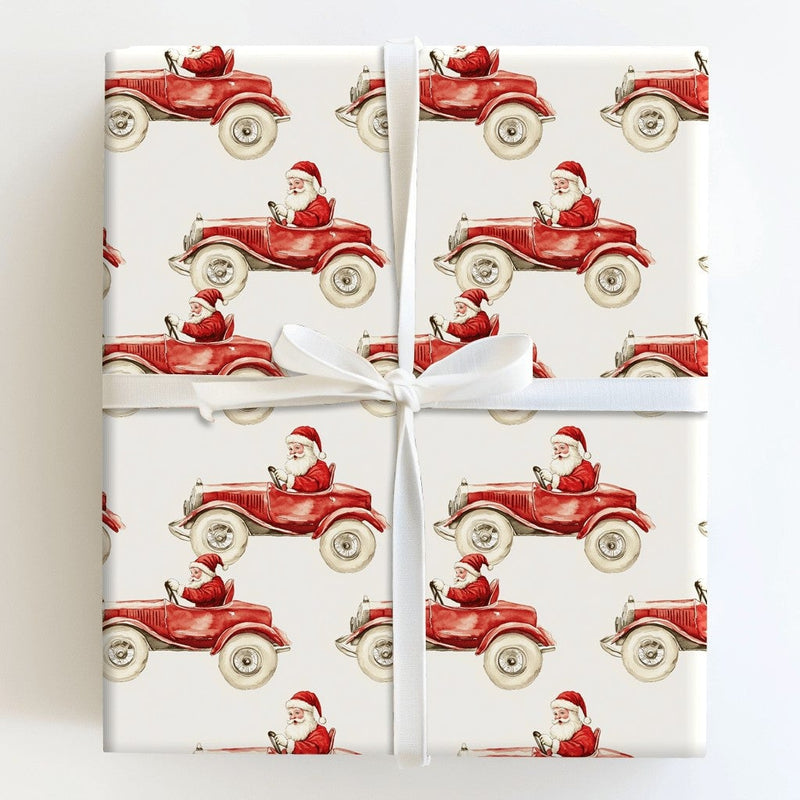 Vintage Christmas Gift Wrap, Santa Driving Red Car Wrapping Paper, Retro Watercolor Holiday Wrapping Paper, Festive Xmas Gift Wrap Roll