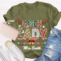Custom Cafeteria Staff Holiday Shirt, Personalized Lunch Lady Christmas T-Shirt, Snowflake Bells Xmas Graphic Tee, School Worker Present