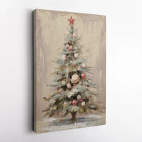 Holiday Tree with Red Star Canvas Print, Painterly Christmas Tree Canvas Wall Art, Neutral Festive Canvas, Comfy Winter Season Wall Decor