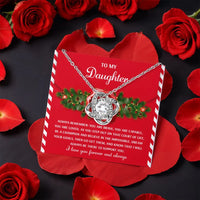 Christmas Message Card Jewelry, Daughter Love Knot Necklace, CZ Crystal Love Knot Pendant, Holiday Present for Daughter from Mom Dad