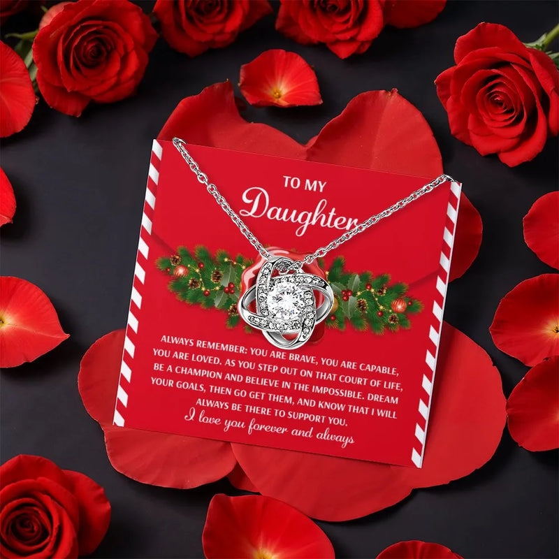 Christmas Message Card Jewelry, Daughter Love Knot Necklace, CZ Crystal Love Knot Pendant, Holiday Present for Daughter from Mom Dad