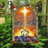 Holy Family Nativity Scene Yard Flag, Christmas Begins with Christ Garden Flag, Double-Sided Christian Christmas Lawn Flag, Xmas Present