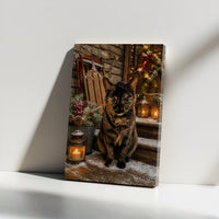 Tortoiseshell Cat Holiday Wall Art, Christmas Cat Canvas Print, Comfy Winter Cat Canvas, Rustic Christmas Porch Wall Decor, Cat Lover Present