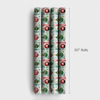 Watercolor Holiday Grid Gift Wrap, Christmas Ornament Stamp Wrapping Paper, Festive Red Green Ornament Wrapping Paper, Xmas Gift Wrap Roll