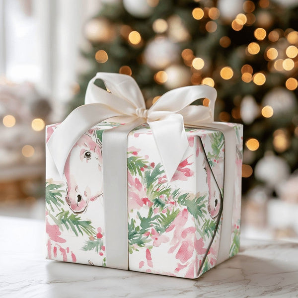 Equestrian Wrapping Paper, Watercolor Horse Christmas Wrapping Paper, Holiday Horse Gift Wrap Roll, Winter Festive Wrapping P