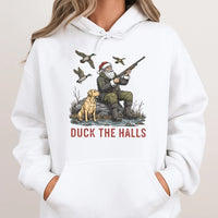 Santa Duck Hunting Labrador Sweatshirt, Duck the Halls Christmas Hoodie, Humorous Xmas Hunter Hoodie, Holiday Outdoorsman Hooded Sweater