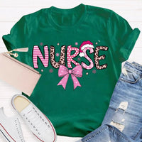 Nurse Christmas Shirt, School Nurse Santa Hat Pink Bow Shirt, Festive Holiday Medical Tee, Adorable Coquette Nurse Graphic Shirt