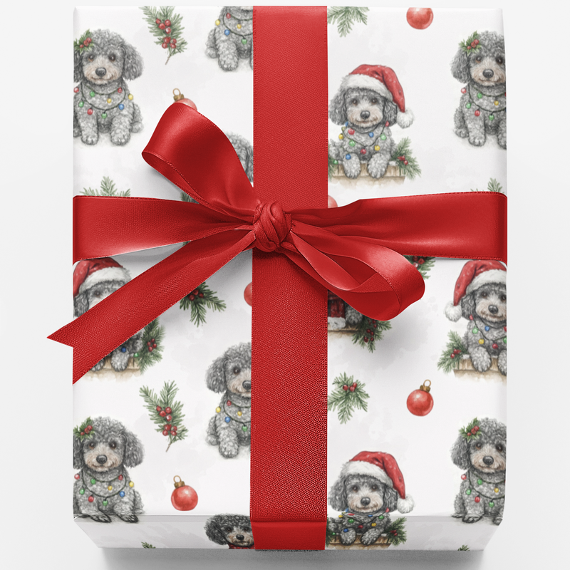 Festive Dog Holiday Gift Wrap Roll, Christmas Poodle Wrapping Paper, Adorable Puppy Christmas Wrapping Paper, Dog Lover Present Wrap Supplies
