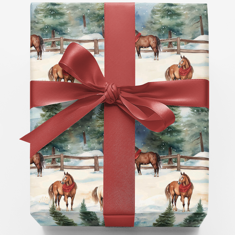 Equestrian Winter Scene Gift Wrap, Watercolor Horse Christmas Wrapping Paper, Holiday Horse Lover Gift Wrapping Paper, Festive Present Wrap