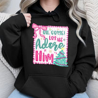 Pink Coquette Christmas Hoodie, Oh Come Let Us Adore Him Hoodie, Retro Christian Holiday Sweatshirt, Adorable Religious Faith Pullover Hoodie