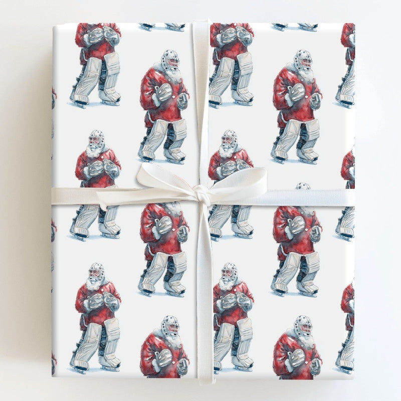 Festive Christmas Sports Gift Wrap, Santa Hockey Goalie Wrapping Paper, Watercolor Ice Hockey Paper, Adorable Present Wrapping Paper, Coach Present
