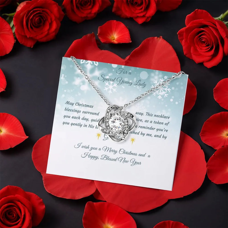 CZ Crystal Pendant Necklace, Love Knot Necklace for Granddaughter, White Gold Knot Jewelry, Daughter Christmas Present, Holiday Present for Her