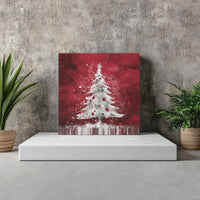 Festive Holiday Pine Ornament Canvas Print, Snowy White Christmas Tree Crimson Red Canvas Art, Winter Forest Canvas Wall Art, Seasonal Decor