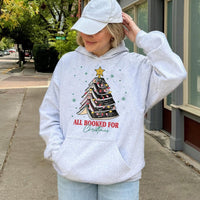 Adorable Book Lover Xmas Tree Hooded Sweatshirt, All Booked for Christmas Hoodie, Comfy Reader Holiday Pullover, Bookish Xmas Present
