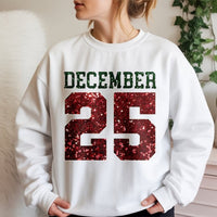 Red Glitter Christmas Number Shirt, December 25 Sweatshirt, Festive Holiday Date Crewneck, Comfy Winter Sweater, Xmas Present for Men Women