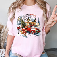 Golden Retriever Holiday Shirt, Christmas Red Truck T-Shirt, Vintage Winter Farmhouse Dog Tee, Adorable Xmas Dog Lover Graphic T-Shirt