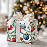 Watercolor Pine Christmas Gift Wrap, Red and Blue Ornament Wrapping Paper, Festive Bauble Wrapping Paper, Holiday Present Wrapping Paper