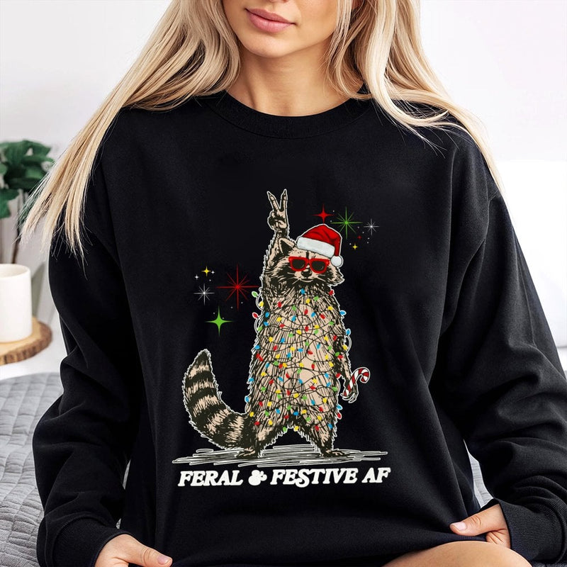 Tangled Lights Holiday Crewneck, Feral and Festive Raccoon Christmas Sweatshirt, Humorous Animal Xmas Pullover, Ugly Christmas Party Sweater