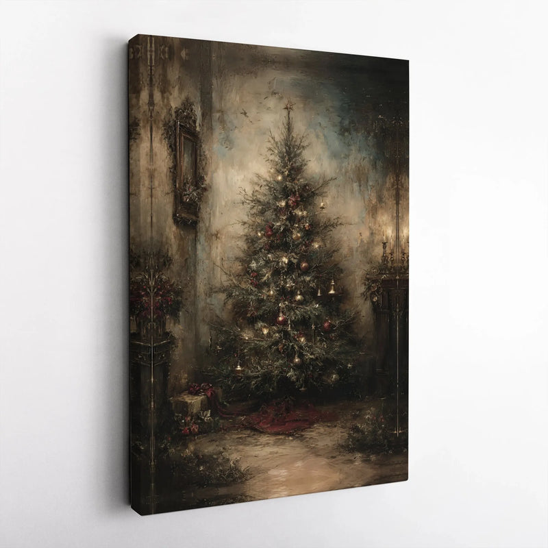 Moody Oil Painting Holiday Print, Vintage Christmas Tree Canvas Wall Art, Traditional Rustic Christmas Wall Decor, Holiday Home Present