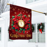 Most Wonderful Time of Year Yard Flag, Christmas Time Garden Flag, Poinsettia Clock Winter Banner, Double-Sided Holiday Lawn Flag Decor