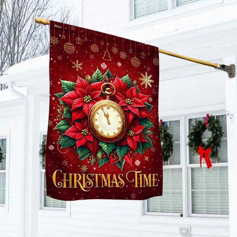 Most Wonderful Time of Year Yard Flag, Christmas Time Garden Flag, Poinsettia Clock Winter Banner, Double-Sided Holiday Lawn Flag Decor