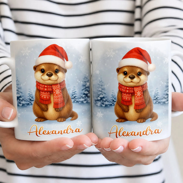Personalized Holiday Animal Coffee Mug, Christmas Otter Mug, Festive Winter Otter Ceramic Mug, 11oz 15oz Seasonal Xmas Presen