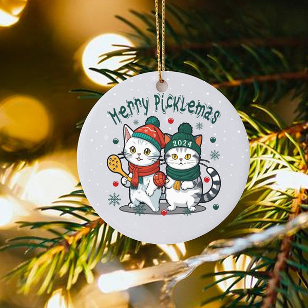 Humorous Pickleball Player Ceramic Ornament, Merry Picklemas Cat Christmas Ornament, Adorable Kitten Sports Keepsake Ornament