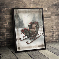 Snowy Forest Holiday Poster, Vintage Christmas Sleigh Wall Art, Winter Sled Landscape Art Print, Festive Digital Download Present