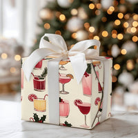Holiday Drink Pattern Gift Wrap, Christmas Cocktail Wrapping Paper, Illustrated Seasonal Drinks Wrapping Paper, Cream Festive Gift Wrap