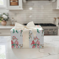 Watercolor Christmas Gift Wrap, Santa and Reindeer Wrapping Paper, Retro Santa Holiday Wrapping Paper, Traditional Christmas Wrapping Paper