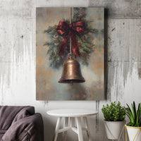 Rustic Pine Bough Holiday Canvas Print, Vintage Christmas Bell Canvas Wall Art, Red Bow Winter Canvas, Festive Christmas Wall Decor