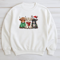 Festive Farm Animal Sweatshirt, Highland Cow Christmas Sweatshirt, Adorable Holiday Cow Crewneck, Winter Farmhouse Graphic Sweatshirt