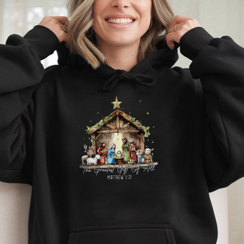 The Greatest Present of All Sweatshirt, Nativity Scene Hoodie, Christian Christmas Pullover Hoodie, Religious Holiday Hooded Sweater