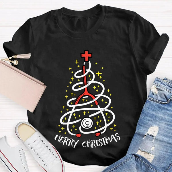 Holiday Nurse T-Shirt, Stethoscope Christmas Tree School Nurse Shirt, Adorable Medical Christmas Graphic Tee, School Nurse Xm