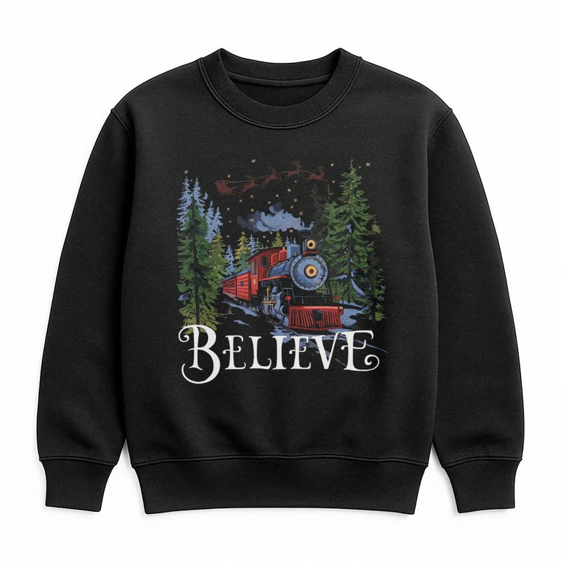 Retro Holiday Graphic Sweater, Believe Christmas Train Sweatshirt, Magical Winter Train Crewneck, Vintage Christmas Sweatshirt, Xmas Present