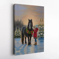 Girl Petting Horse in Snowy Forest Canvas, Horse Christmas Canvas Wall Art, Winter Equestrian Wall Decor, Holiday Season Canvas Print Present