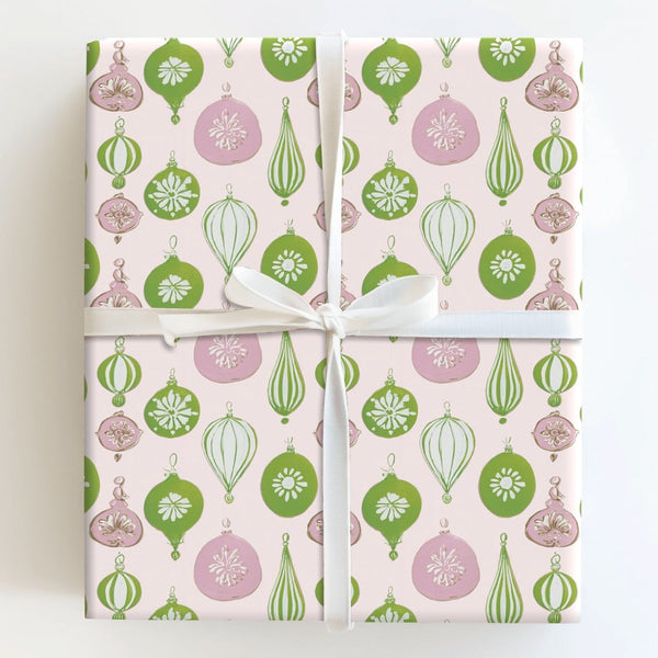 Pink and Green Holiday Gift Wrap, Retro Ornament Christmas Wrapping Paper, Vintage Bauble Wrapping Paper, Pastel Xmas Present
