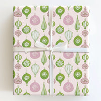 Pink and Green Holiday Gift Wrap, Retro Ornament Christmas Wrapping Paper, Vintage Bauble Wrapping Paper, Pastel Xmas Present Wrap Roll
