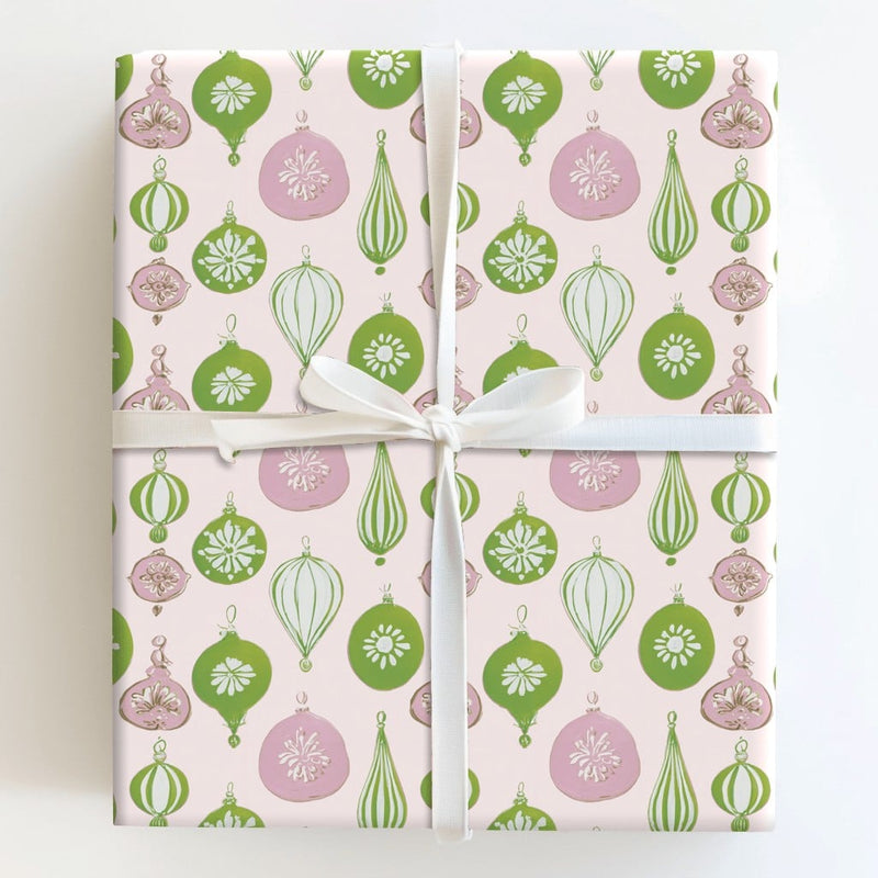 Pink and Green Holiday Gift Wrap, Retro Ornament Christmas Wrapping Paper, Vintage Bauble Wrapping Paper, Pastel Xmas Present Wrap Roll