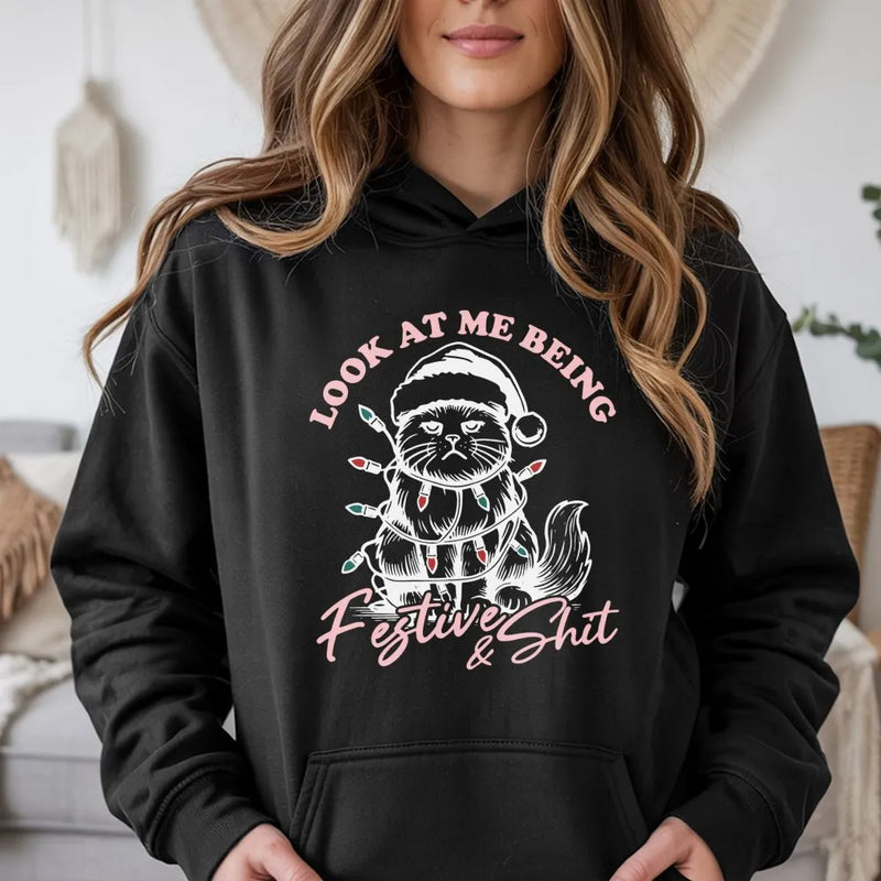Grumpy Kitten Holiday Hoodie, Humorous Christmas Cat Hoodie, Sarcastic Xmas Animal Sweatshirt, Adorable Cat Lover Pullover Hoodie Present