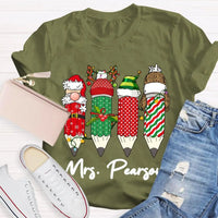 Custom Name Holiday School Graphic Tee, Personalized Christmas Pencils T-Shirt, Teacher and Student Festive Xmas Shirt