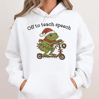 Humorous Frog on Scooter Hoodie, Speech Therapist Christmas Hoodie, Adorable SLP Holiday Sweatshirt, Speech Language Pathologist Pullover Hoodie