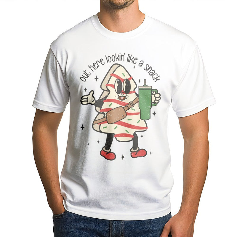 Retro Snack Graphic Tee, Christmas Tree Cake T-Shirt, Humorous Holiday Tree Cake Shirt, Vintage Winter Foodie Tee, Adorable Xmas Present T-Shirt